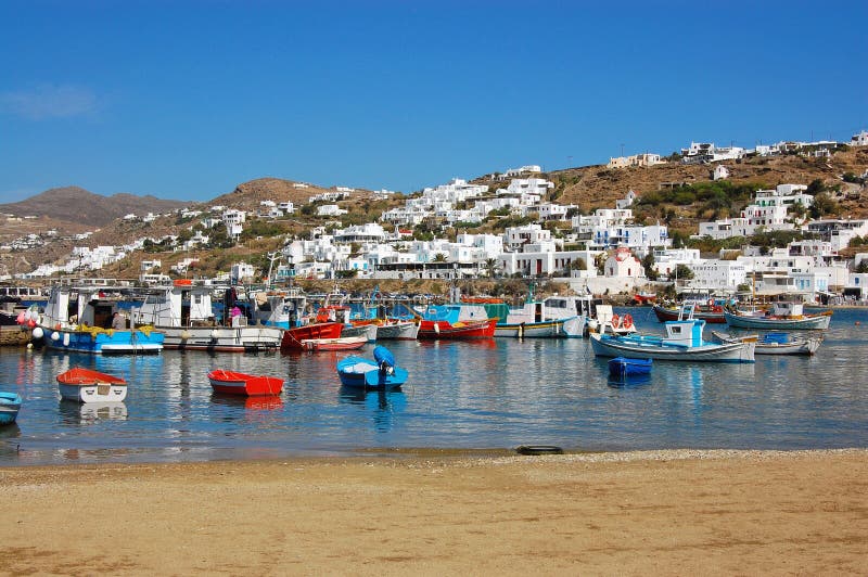 Mykonos - Colorful Boats and Hillside Homes stock image