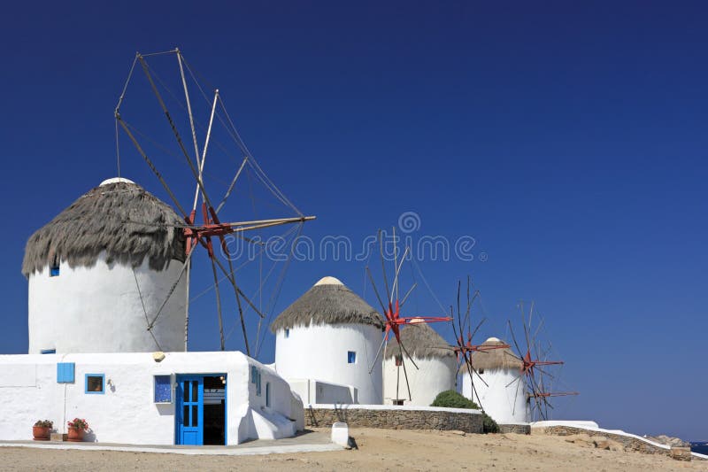 Mykonos vermindert Windmolens stock afbeeldingen Mykonos vermindert Windmolens stock afbeeldingen