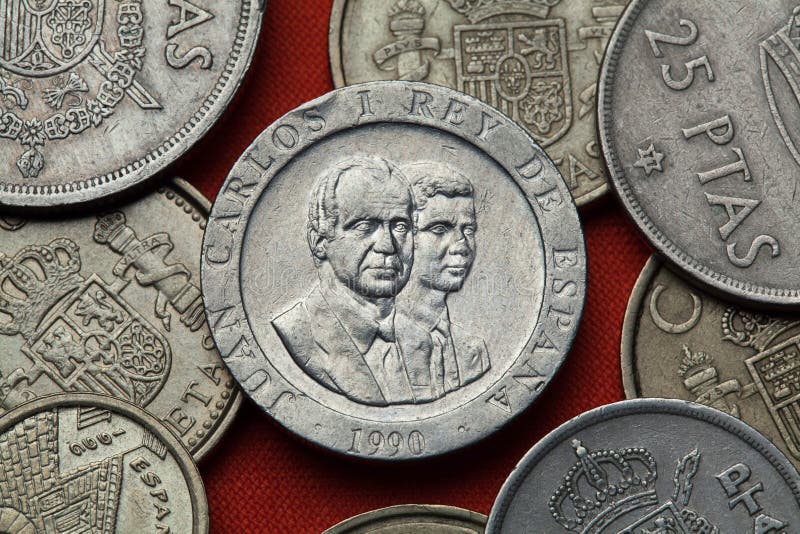 Mynt av Spanien Konung Juan Carlos I och kronprins Felipe arkivbild Mynt av Spanien Konung Juan Carlos I och kronprins Felipe arkivbild