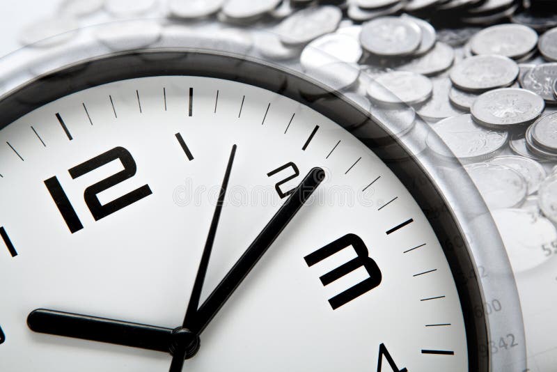 White clock face and Russian ruble coins closeup. White clock face and Russian ruble coins closeup