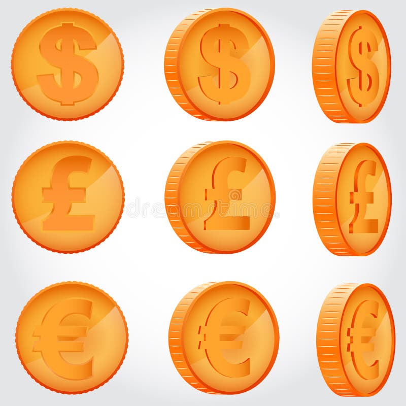 Coin of dollar, euro and pound sterling in different angles. Coin of dollar, euro and pound sterling in different angles