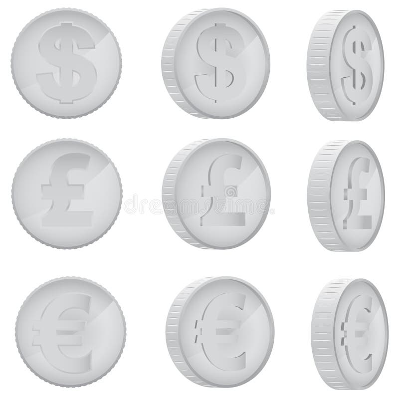 Silver coin of euro, pound sterling in different angles. Silver coin of euro, pound sterling in different angles