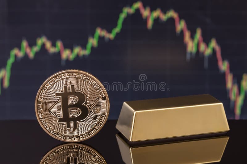 Mynta Bitcoin och guld- guldtacka, mot bakgrund av utbytesgrafen royaltyfria foton