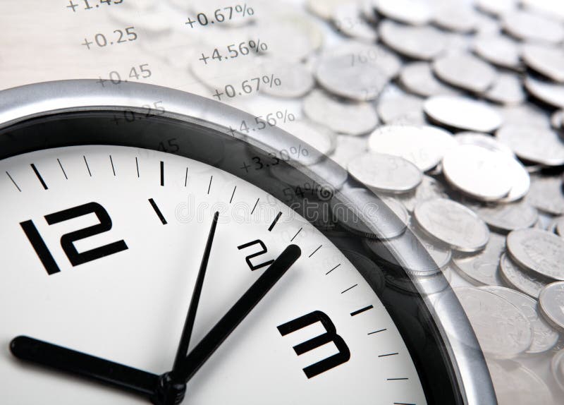 Pile of coins with digits and clock face close up. Pile of coins with digits and clock face close up