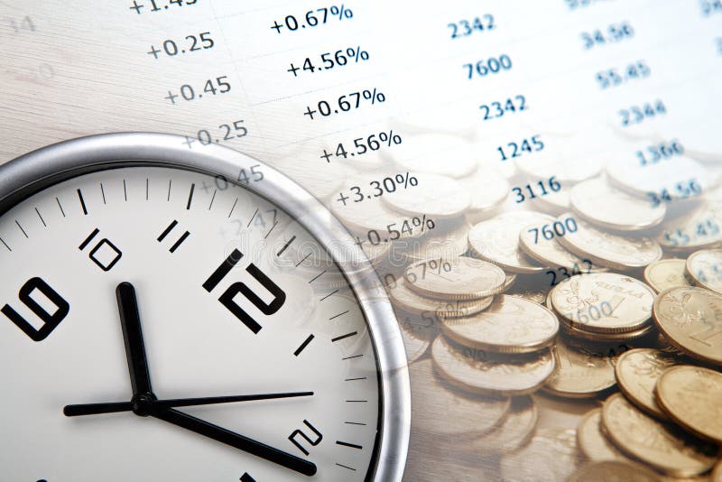 Pile of coins with digits and clock face close up. Pile of coins with digits and clock face close up