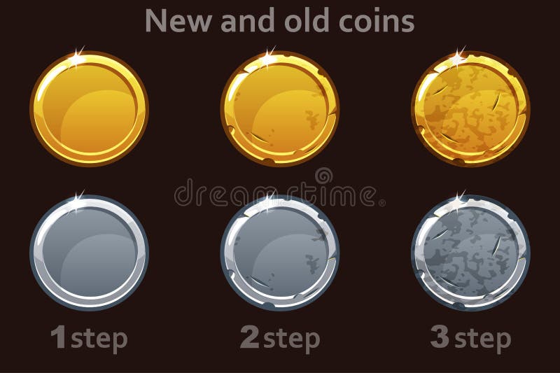 Myntsymbol Vektorguld- och silvermynt 3 moment av att dra ett mynt från nytt till gammalt
