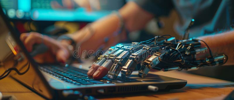 Myoelektrisk bionisk hand som används av specialiserad programmerare med funktionshinder för att ange kod för programvara. protesa fotografering för bildbyråer
