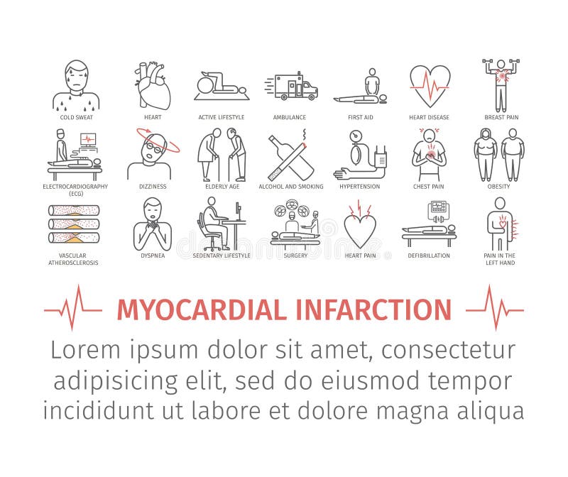 Myokardinfarktlinie Ikone Symptome, Behandlung lizenzfreie abbildung Myokardinfarktlinie Ikone Symptome, Behandlung lizenzfreie abbildung