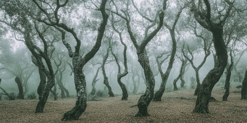 Mysteried Twisted Olive Trees Foggy Forest Nature Scene art gör att grå mörka skogar förblir lugn. vektor illustrationer