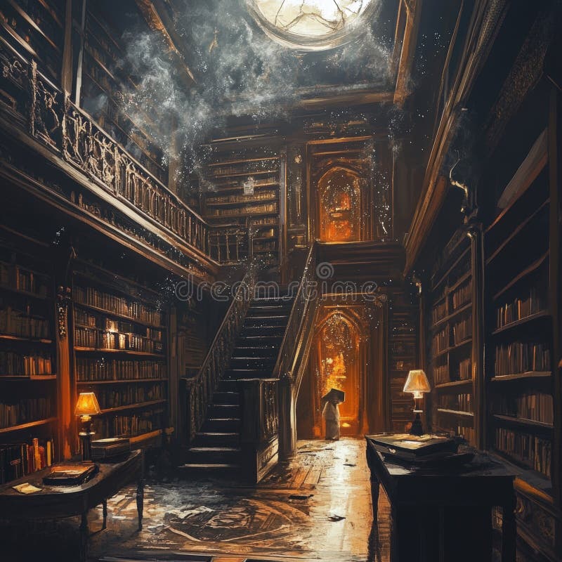 Mysterious ancient library with glowing ambiance stock images