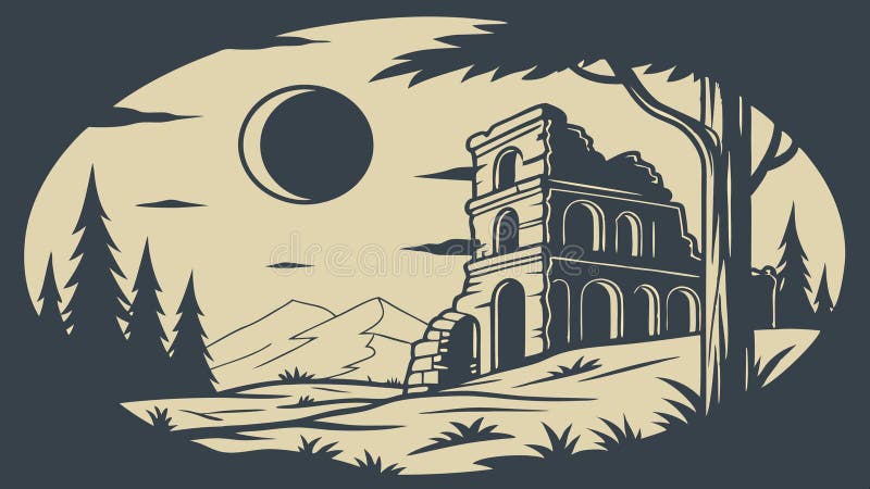 Mysterious Ancient Ruins Under a Full Moon at Night, vector design Generative AI royalty free illustration