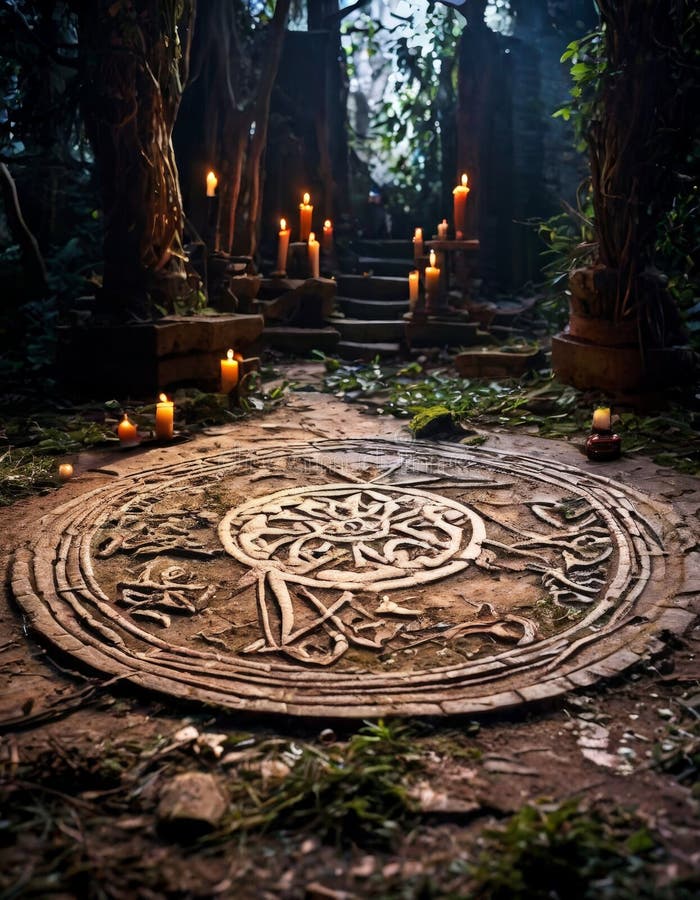 Mysterious Ancient Stone Circle in Candlelit Forest stock images
