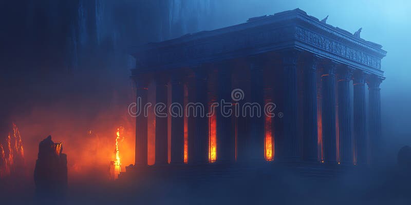 Mysterious Ancient Temple Fog Night Digital Art vector illustration