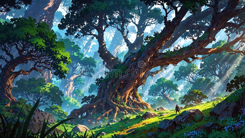 Mysterious Anime Forest with Ancient Trees and Distant Glowing Light stock illustration