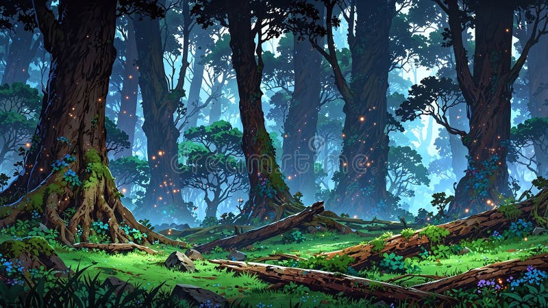Mysterious Anime Forest with Ancient Trees and Distant Glowing Light stock illustration
