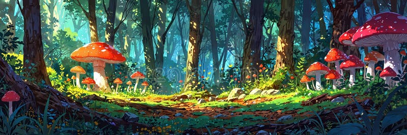 Mysterious anime forest clearing with strange mushrooms stock illustration