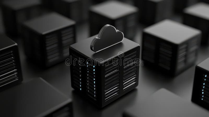 Mysterious black cube shrouded in darkness under an ominous cloud, abstract and enigmatic concept stock illustration