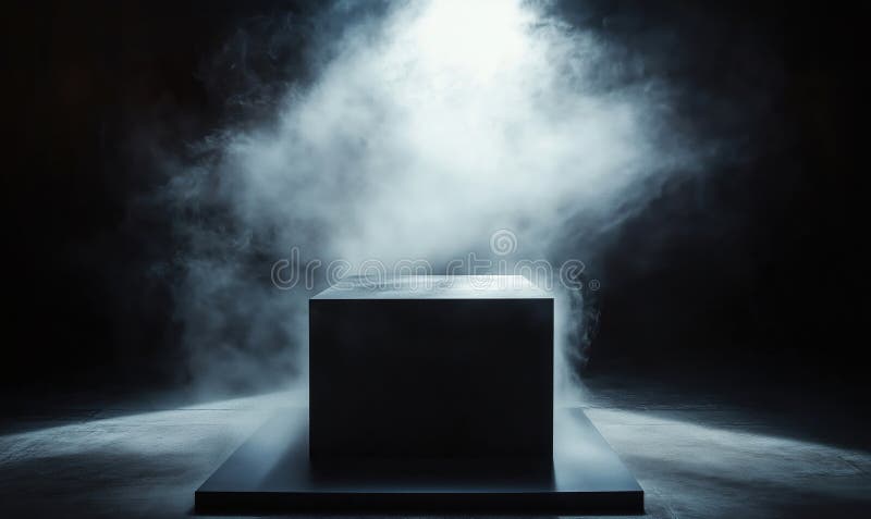 Mysterious black cube shrouded in fog, illuminated by dramatic light, creating an enigmatic atmosphere stock photos