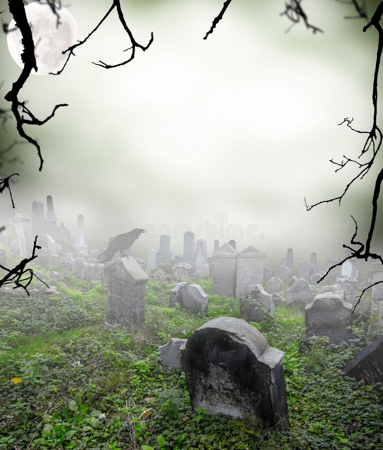 Old ruined graveyard in mystery fog. Grass night sky background illustrations