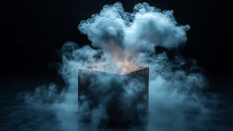 Mysterious Cube Emerging from Smoke Cloud vector illustration