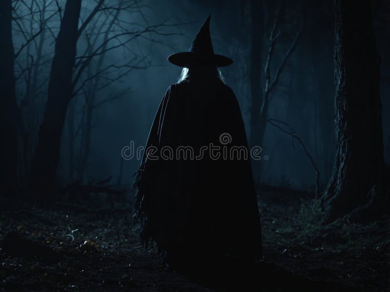 Mysterious evil witch silhouette in the darkness. vector illustration