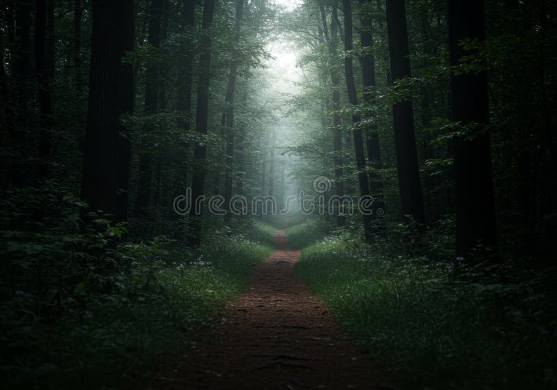 Mysterious Forest Path: Dark Trees and Foggy Light stock illustration