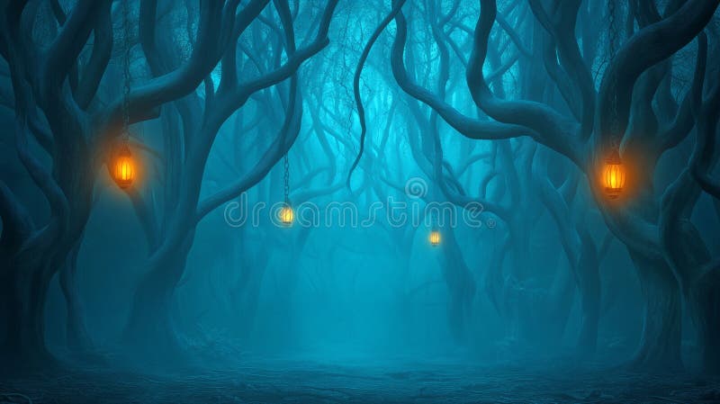 Mysterious forest path illuminated by lanterns at night stock illustration