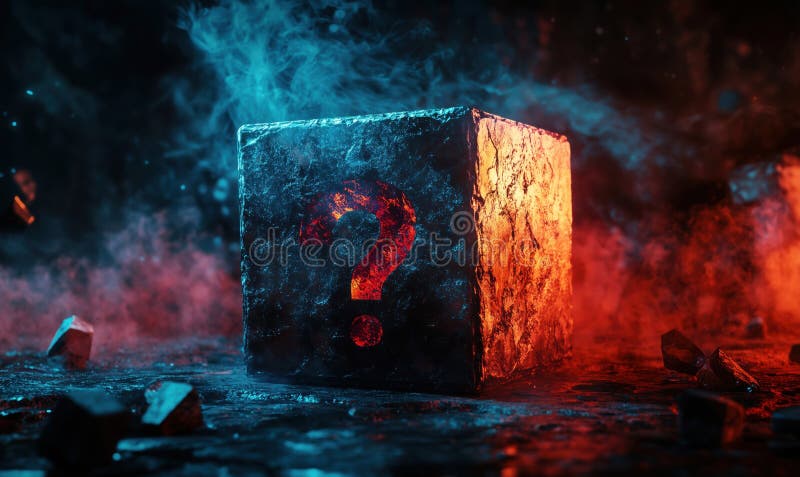 Mysterious glowing cube with question mark surrounded by smoke and dramatic lighting stock photo