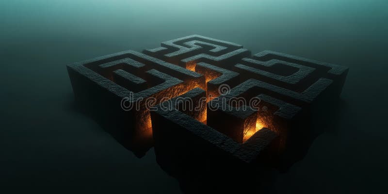 Mysterious Glowing Maze in Foggy Atmosphere with Illuminated Pathways and Dark Surroundings stock illustration