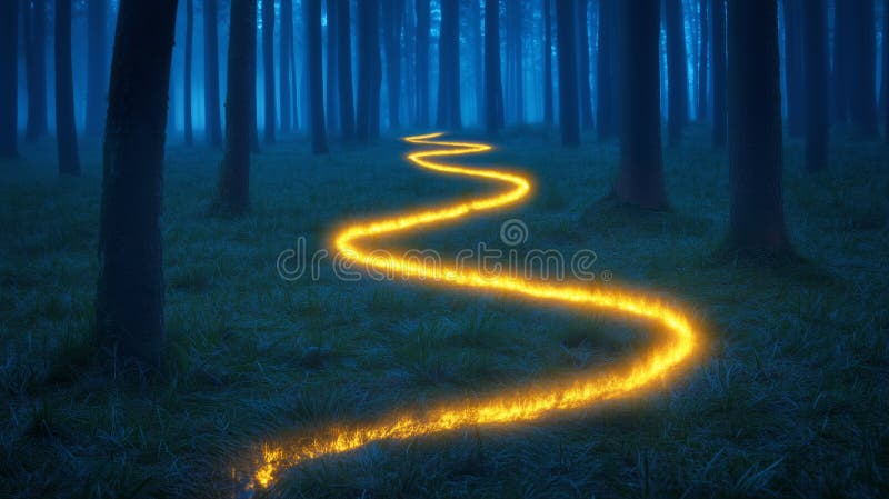 Mysterious glowing path in a dark forest at twilight royalty free illustration