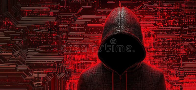 Mysterious hacker figure cloaked in shadows against a backdrop of digital circuitry and red tones, symbolizing cybercrime and technology, copy space for text. Coding text hacker concept stock images, royalty-free photos and pictures