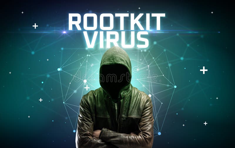 Faceless hacker at work with ROOTKIT VIRUS inscription, Computer