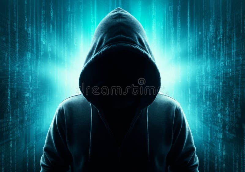 Mysterious hooded figure in cybersecurity hacking concept with digital matrix royalty free stock images