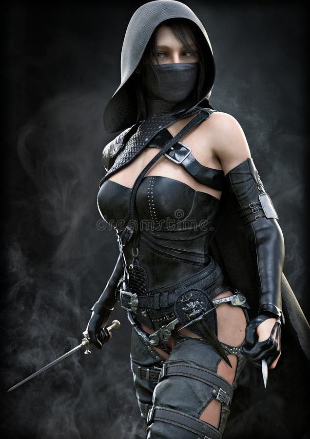 Mysterious hooded silent rogue assassin female piercing through the smoke toward her target with a dagger in hand .