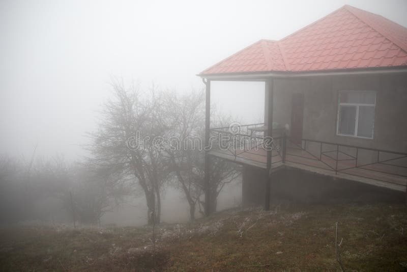 Mysterious house in the forest with fog and a tree. The old spooky house on the land of nowhere