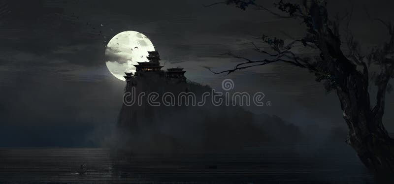 Mysterious lonely city under the full moon, 3D illustration