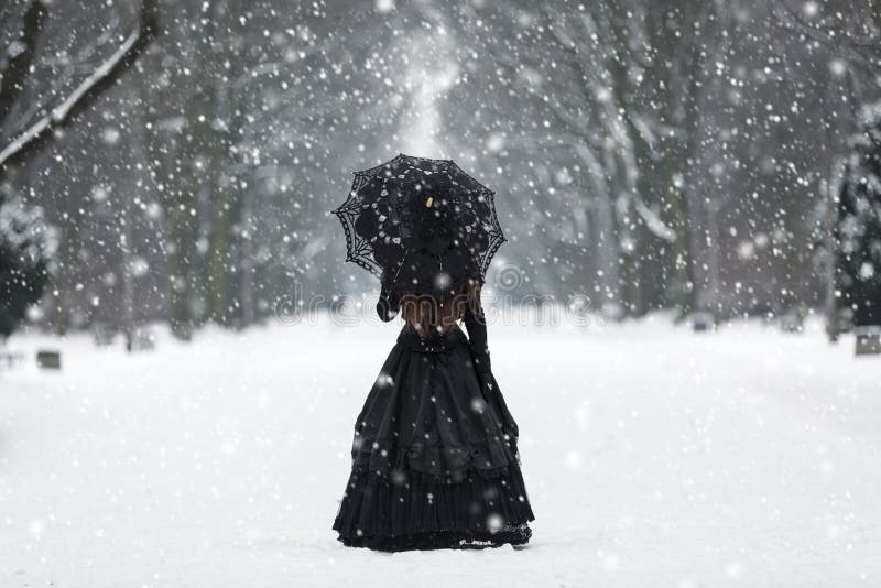 Mysterious lonely woman in Victorian dress