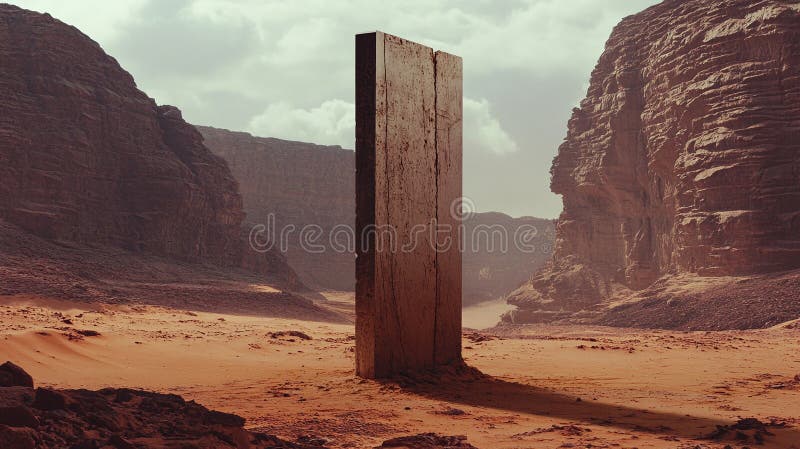 A mysterious monolithic structure standing alone in a vast desert. royalty free illustration