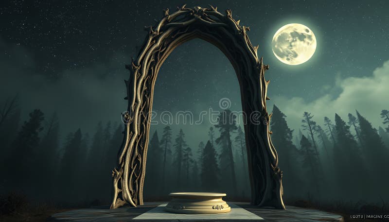 Mysterious Moonlit Forest Gateway med Pedestal stock illustrationer