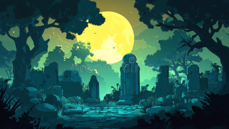 Mysterious Moonlit Ruins in a Dark Forest stock illustration