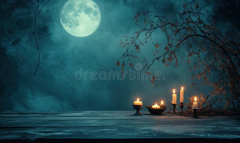 Mysterious moonlit scene with candles and eerie atmosphere, featuring glowing full moon, dark branches, and rustic stock images
