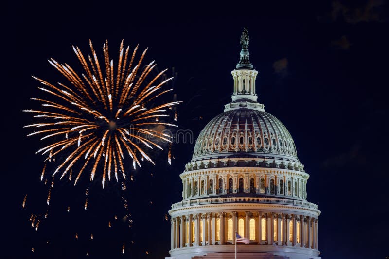 Mysterious night sky with full moon United States Capitol Building in Washington DC with Fireworks Background For 4th of July
