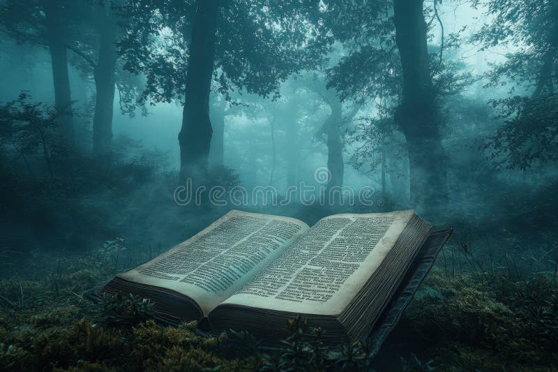 Mysterious open book resting on moss in a foggy forest at dawn. An open book lies on lush moss in a tranquil, fog-filled forest, surrounded by towering trees at dawn. AI generated