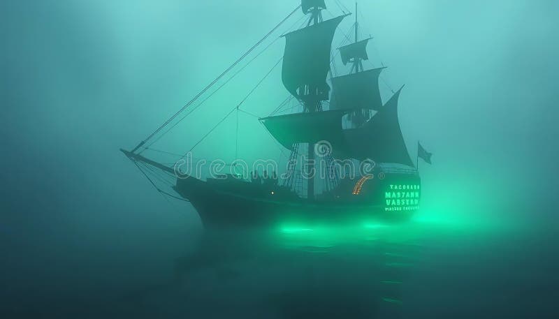 Mysterious Pirate Ship in Foggy Waters Digital Art stock photo