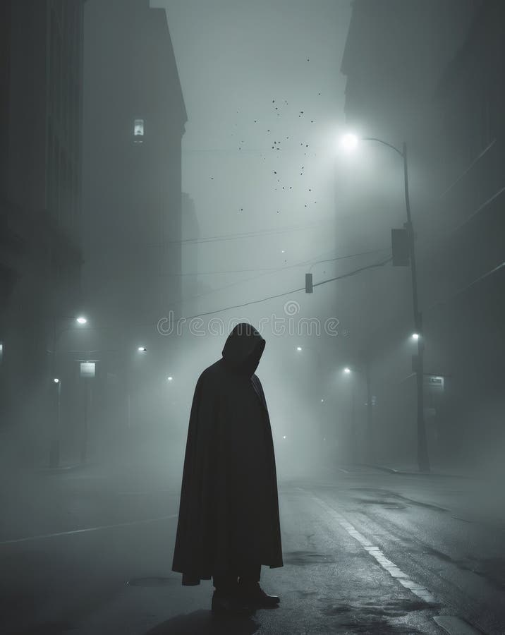 Mysterious Shadowy Figure at Foggy Intersection in Dim Light Conditions vector illustration