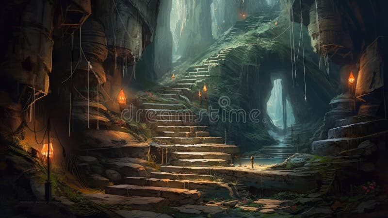 Mysterious Stone Cave Stairs Leading to Fabled Depths. Perfect for Adventure-Themed Designs.