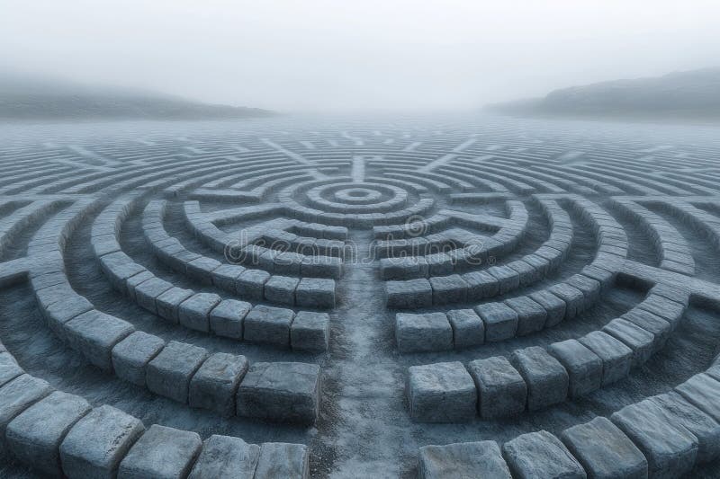 Mysterious stone maze reveals intricate patterns in foggy landscape during early morning light. Generative AI. Complex stone labyrinth emerges from fog, revealing a captivating design in a tranquil setting. AI generated