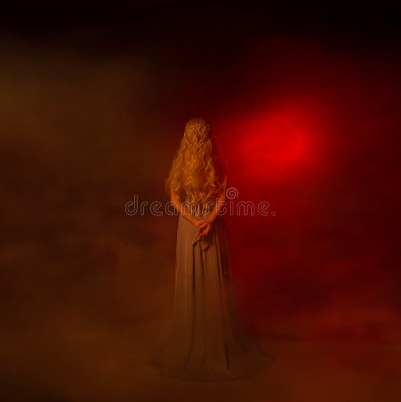 A mysterious woman blonde in a long gray dress goes to the gates of hell.