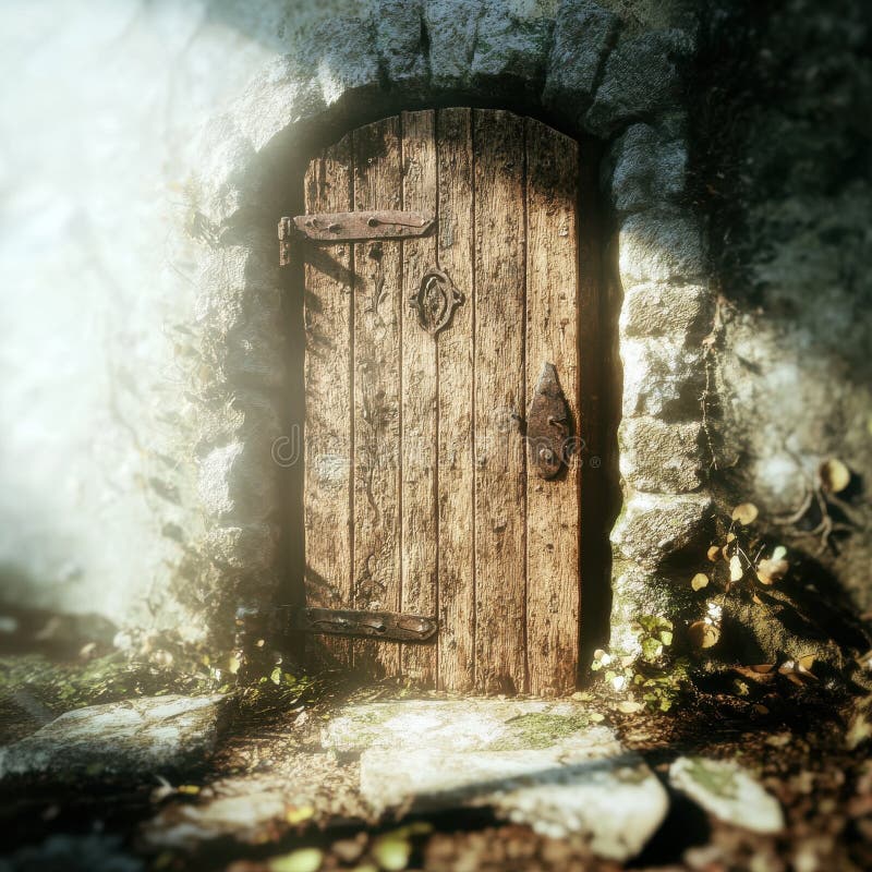 Mysterious wooden door set in an overgrown stone wall royalty free stock photo