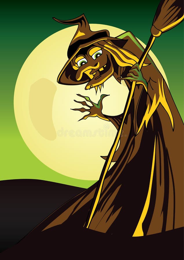 Scary Witch halloween poster with a broom waving hand